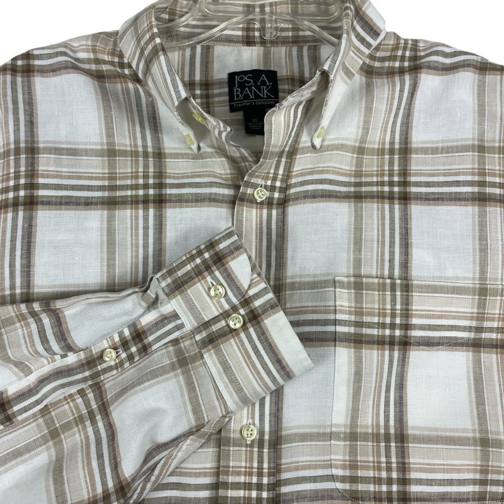 Men's Jos.‎ A. Bank 100% Linen Plaid Long Sleeve Button Down Shirt XL 0069